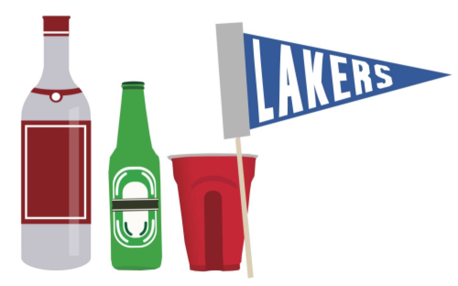 Bottles and cups with a small blue flag with the text "LAKERS" next to it.
